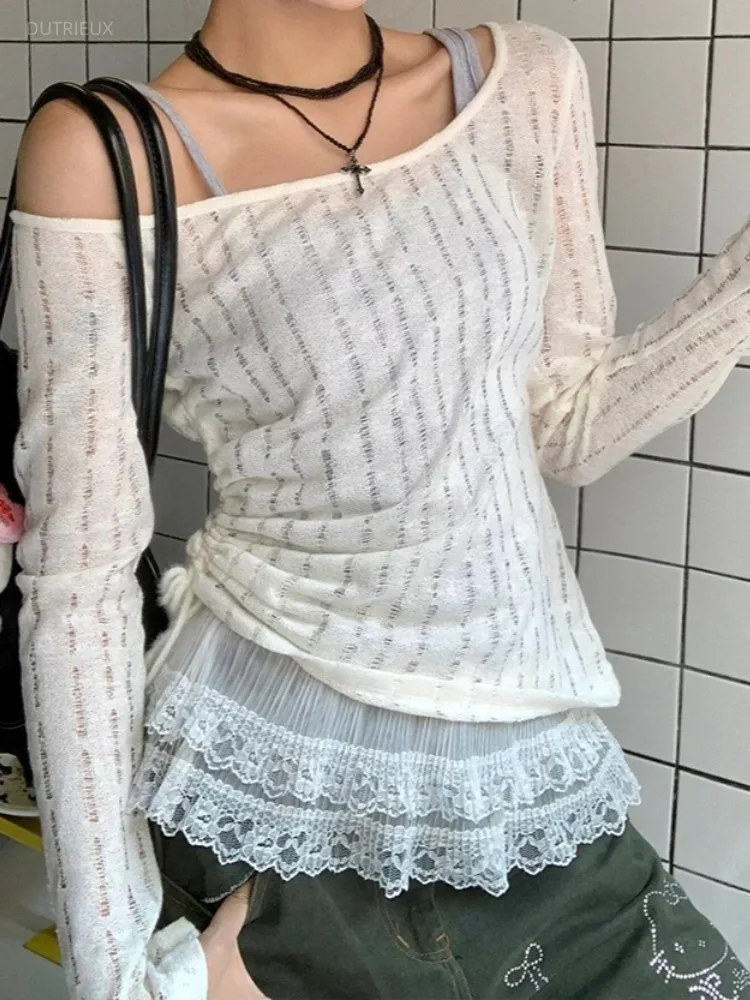 Korean Y2k Shirring Lace-up Skew Collar Long Sleeve Solid All Match Knitted Pullovers