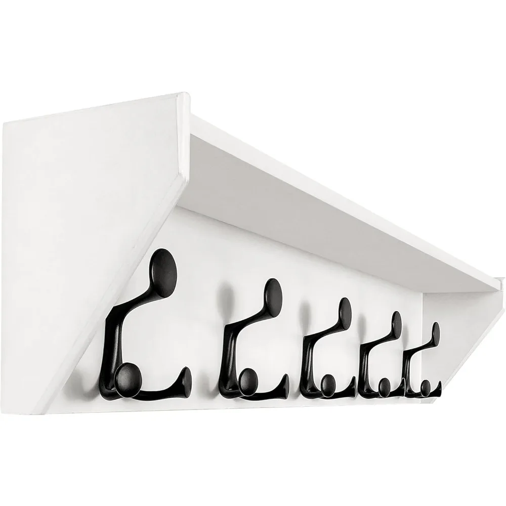 35-Inch White Coat Rack Wall Mount with Shelf Organizer - Heavy Duty, 5 Tri Hooks - Perfect for Entryway, Hallway, Living Room