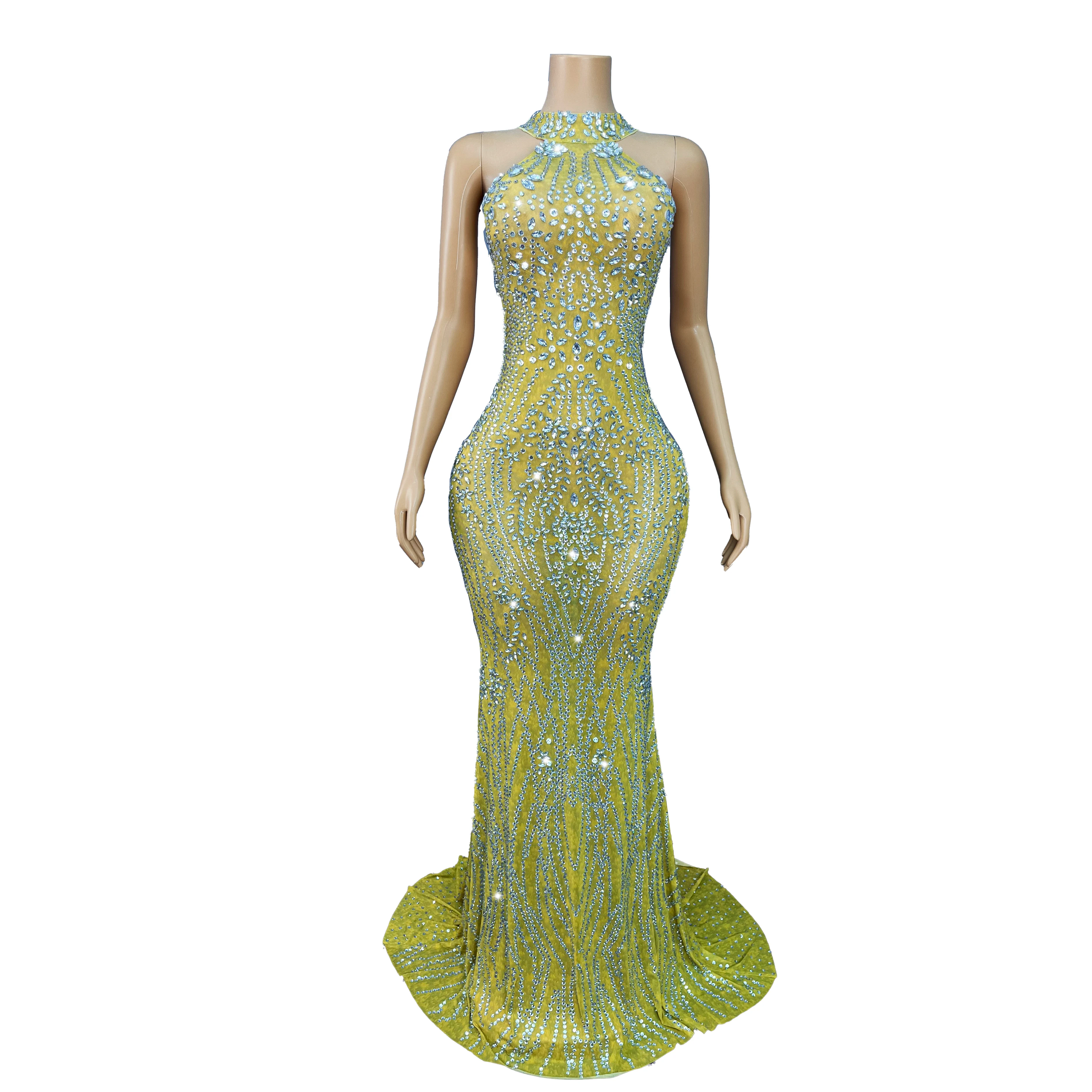 Vestido de cola brillante de gama alta, vestido de malla con adornos de diamantes de imitación pesados, vestido de fiesta de noche, alfombra roja, traje de escenario para espectáculo Jigeng