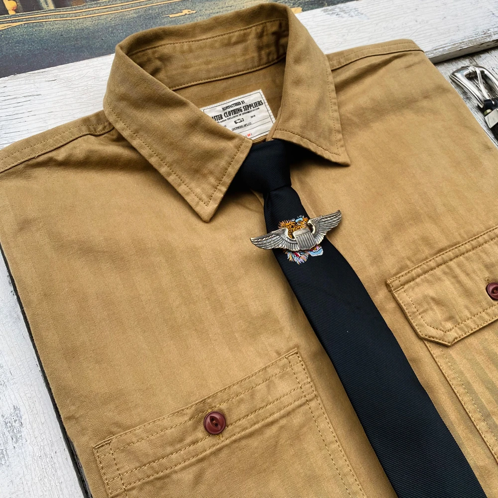 

American Retro Heavyweight Fibone Pattern Work irt Men's Engineer Japanese Sle Khaki Pure Cotton Long Sve irt