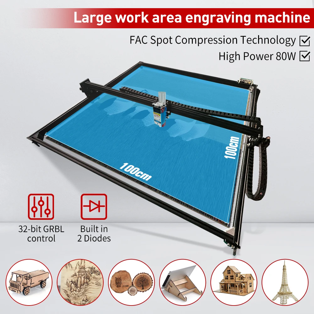 Large Frame CNC DIY Engraving Cutting Marking Machine,100*100cm,450nm 80W Power Laser Module,With Z Axis,Cut 10mm Wood Tools