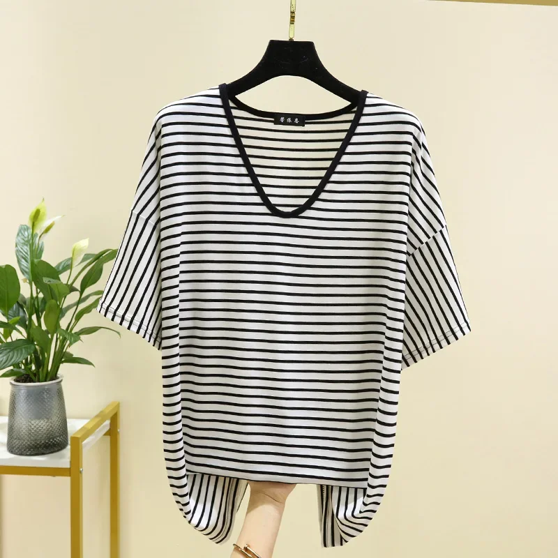 مشروط تي شيرت مخطط المرأة الصيف فضفاض الخامس الرقبة قصيرة الأكمام كبيرة الحجم الأساسية قميص عادية مريحة تنوعا تي شيرت