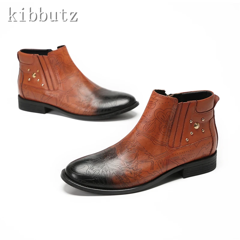 

Luxury Carving Genuine Leather Boots for Male Pointed Toe Metal Rivets Side Zipper Ankle Boots Fashion Men Business Shoes