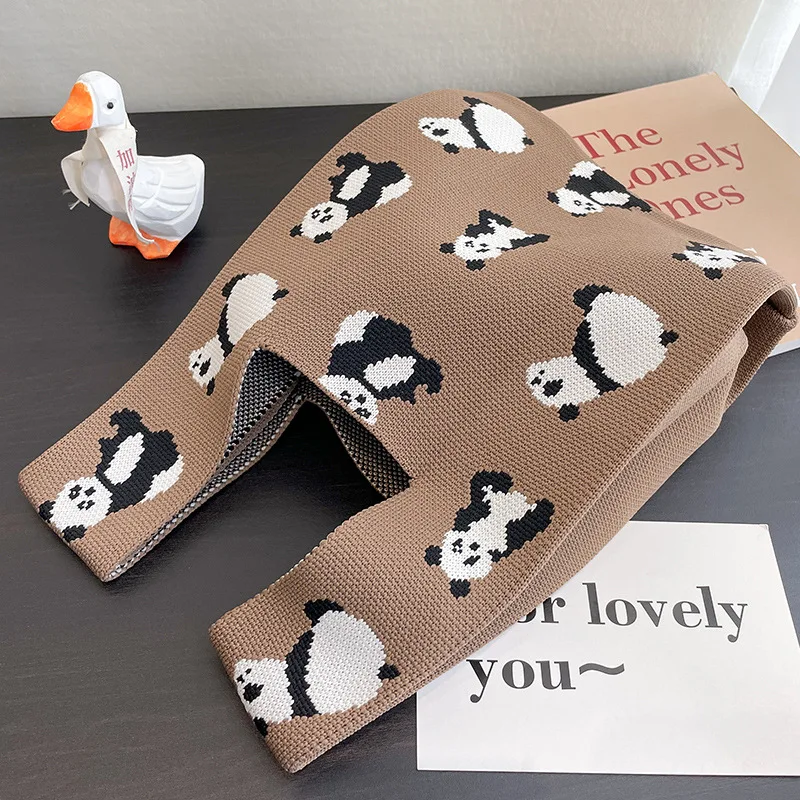 Cute Panda Pattern Knitted Handbag Korean Style Trendy Versatile Tote Bag Portable Reusable Shopping Bag Phone Key Pouch 20*35cm