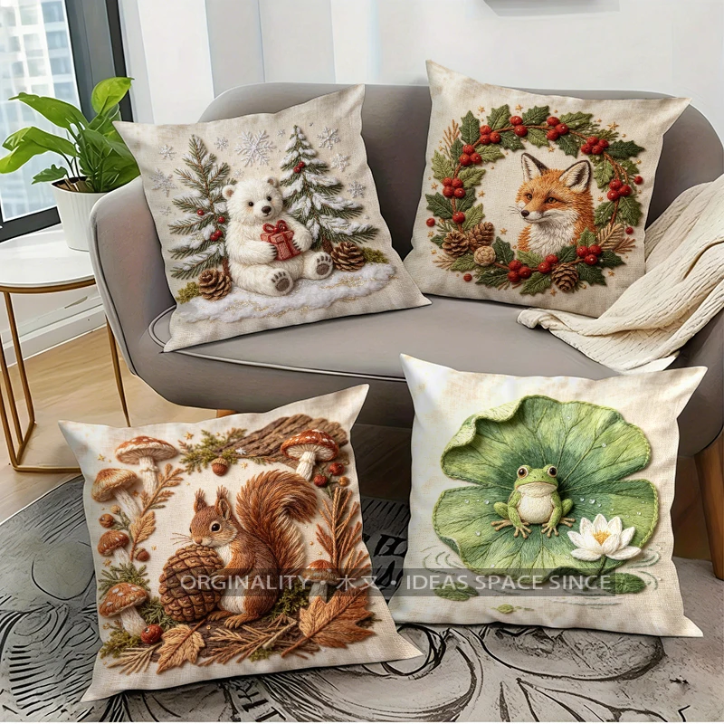 2D Vintage Forest Animal Pillow Covers Pattern Cushion Cover Suitable for Sofa Bedroom Car Pillow Cover