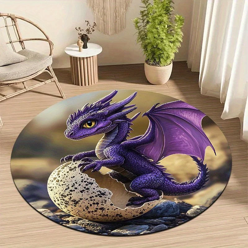 2D Flat 1pc Baby Dragon on Cracked Egg Round Floor Mat, Lightweight NonSlip Machine Washable, Home Decoration, Adorable