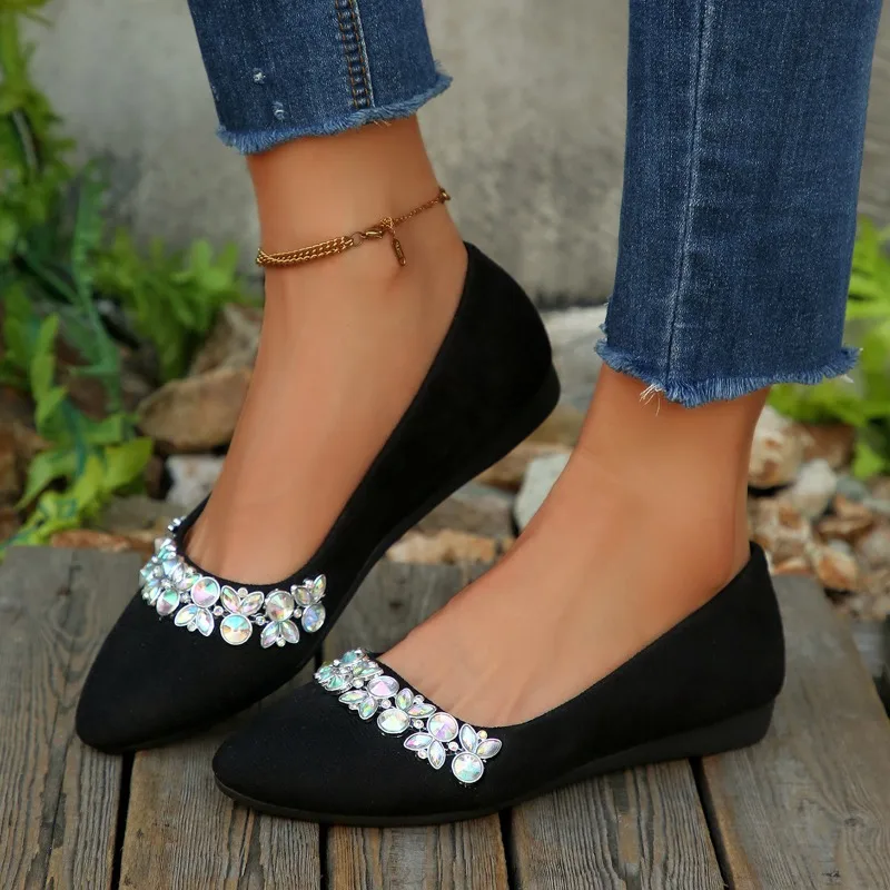Zapatos individuales puntiagudos con diamantes de imitación, zapatos planos de gamuza negra con boca poco profunda para mujer, zapatos informales con punta redonda, zapatos poco profundos para mujer