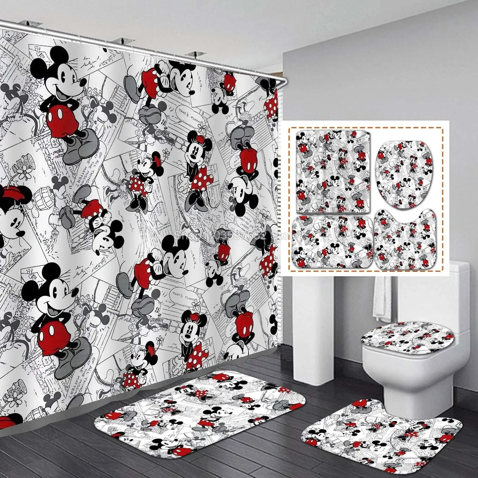 Cute Mickey Minnie 4Pcs Shower Curtain Set with Non-Slip Rugs Toilet Lid Cover Bath Mat Waterproof Bathroom Curtain with Hooks