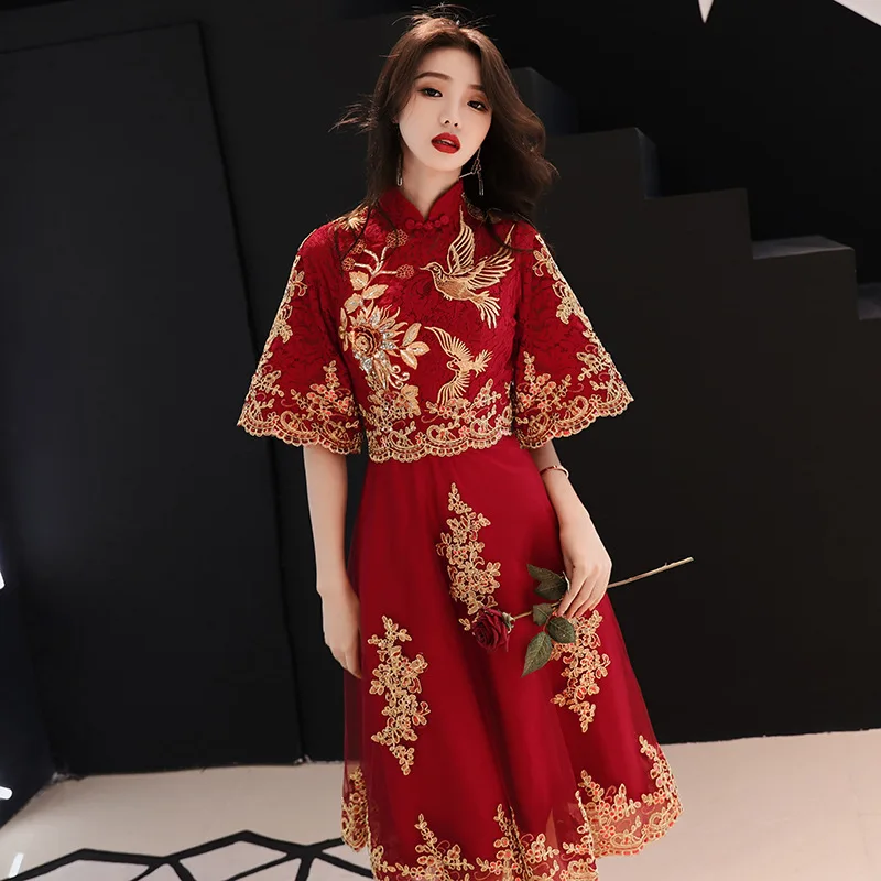 Chinese stijl bruid trouwjurk elegant borduurwerk tule vrouwen jurk avond feestjurk klassieke mandarijn kraag vestidos 3XL