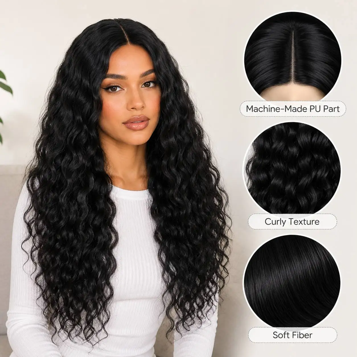 28-inch natural black medium divided into long water wave roll chemical fiber wig,heat-resistant fiber whole wig,fluffycurlyhair