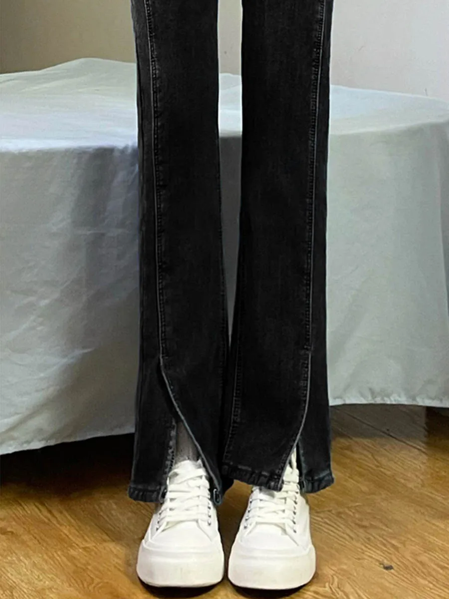 

Джинсы с высокой талией и разрезом, облегающие женские тонкие летние джинсы большого размера, толстые мм, прямые брюки длиной до пола, повседневные темно-синие джинсовые брюки