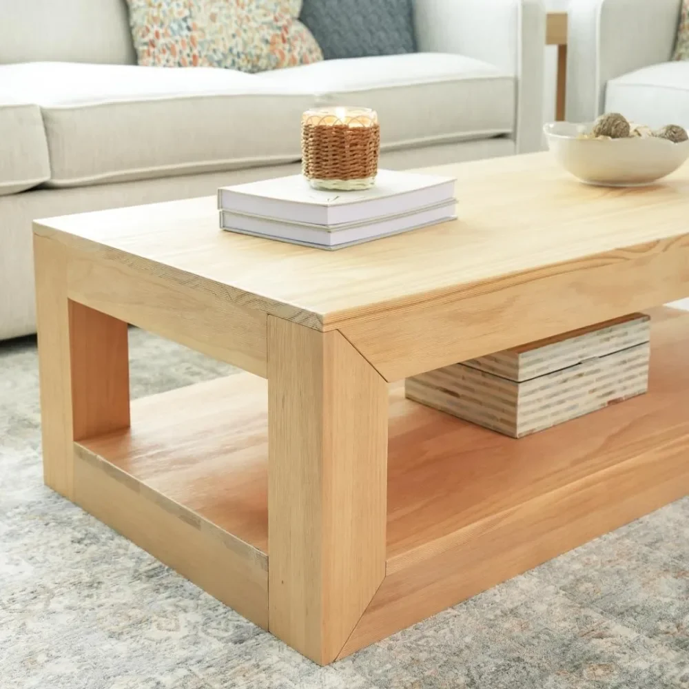 Modern Rectangular Coffee Table with Shelf, Solid Wood, 48 Inch, Center Table with Storage, 2 Tier Tea Table for Living Room