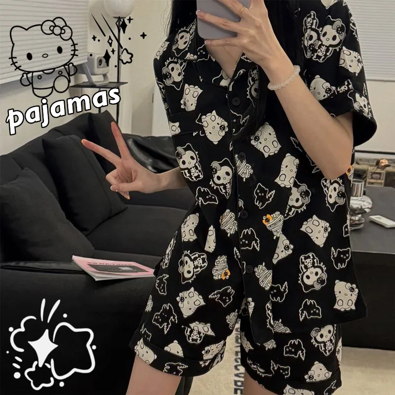 

Korean Version Black Hello Kitty Pajamas Female Summer Cute Cartoon Girl Lounge Clothes Suit Wear Outside Loose Clothes Gifts