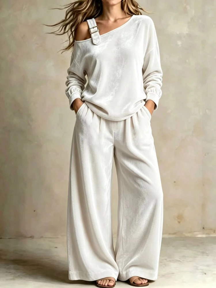 Velvet Pant Set One Shoulder Buckle Strap Long Sleeve Off Shoulder Top Elastic Loose Wide Leg Pants Elegant Two Piece Suits