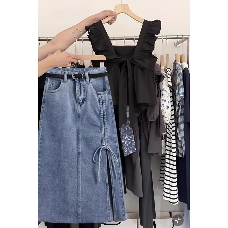 

Модный летний комплект: джинсовый топ с высокой талией и брюки, корейский стиль, облегающий, из двух предметов, для молодых женщин