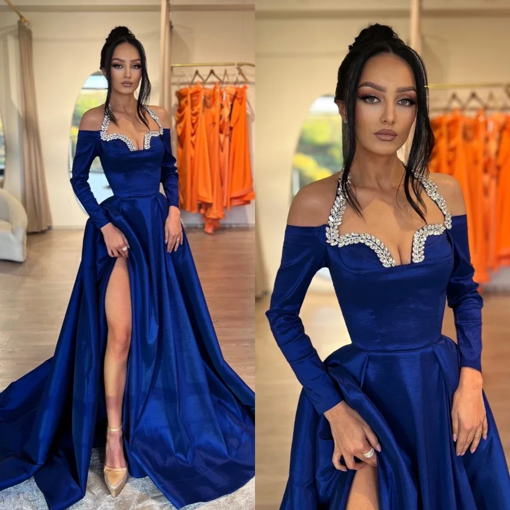 

Синее бальное вечернее платье трапециевидной формы с длинными рукавами и открытыми плечами Вечернее платье Коктейльное бальное платье по индивидуальному заказу
