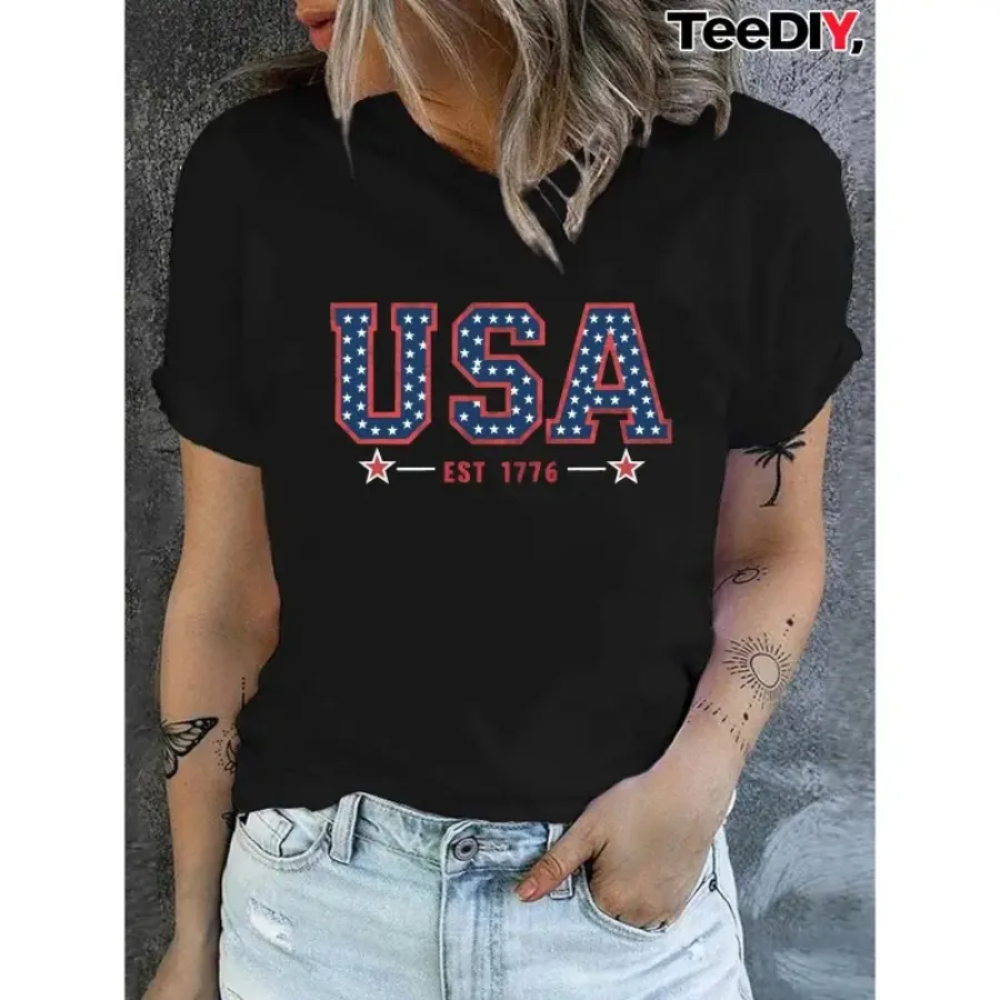 【Nuevo estilo】Camiseta patriótica de Estados Unidos con estrellas y rayas para mujer, camiseta con bandera americana roja, blanca y azul, camisa informal suave para el día a día