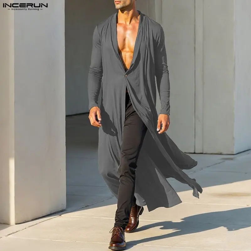 INCERUN Мужская длинная стильная рубашка с однотонным v-образным вырезом и длинным рукавом, повседневная мужская одежда, уличная одежда, свободные модные рубашки на одной пуговице, мужские рубашки