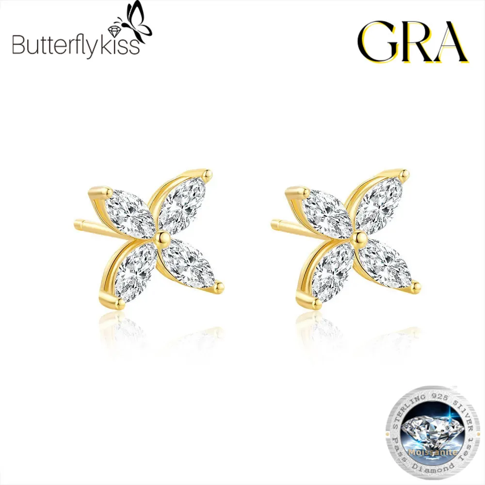 

Butterflykiss 925 Silver Moissanite Classic Golden Simple Clover Flower Earring For Charms Women Accessories Jewelry Party Gift