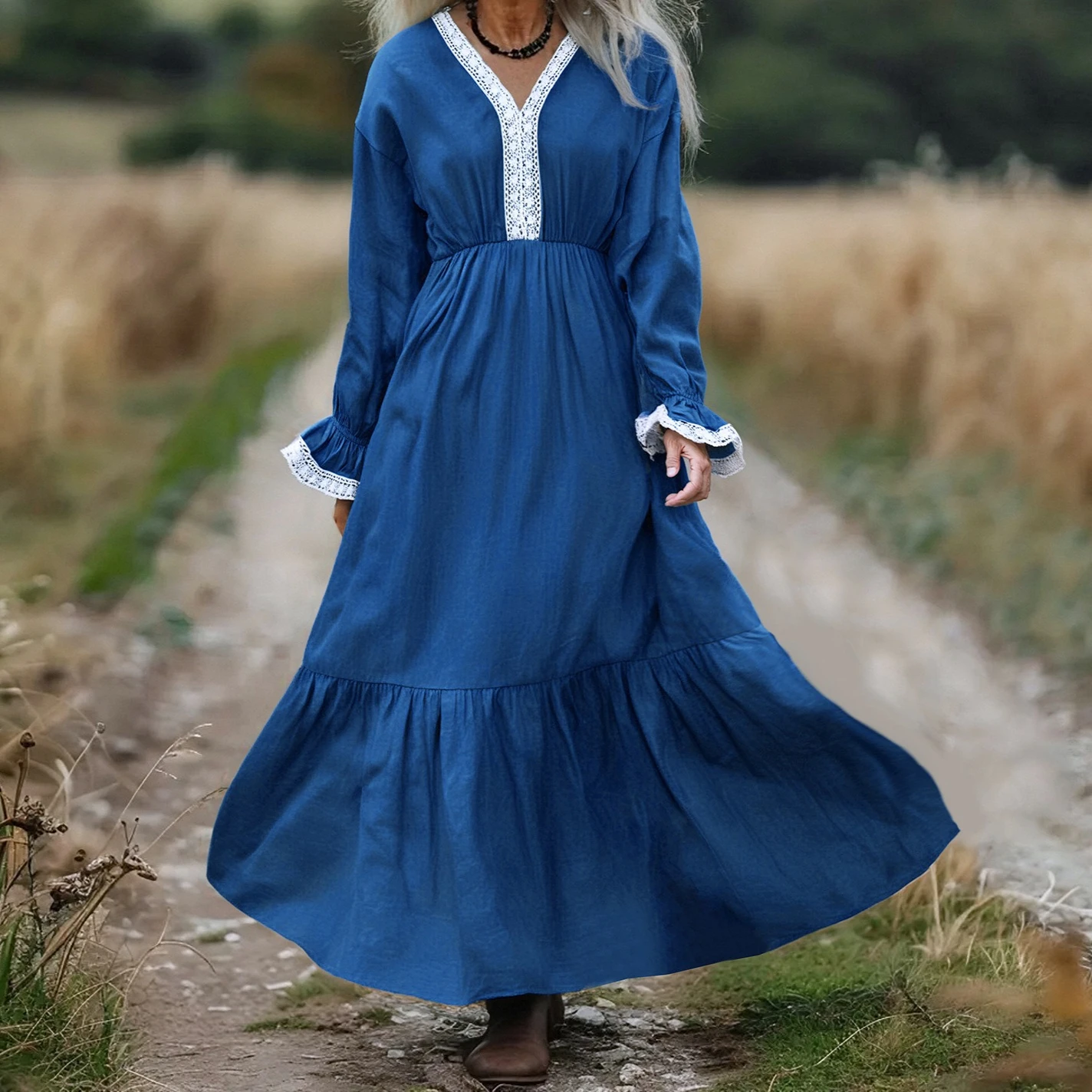 

Long Dress Women Dresses A Line Y2k Streetwear Vestidos V Neck Full Sleeve High Waist Elegant Splice Maxi Party Work 2025