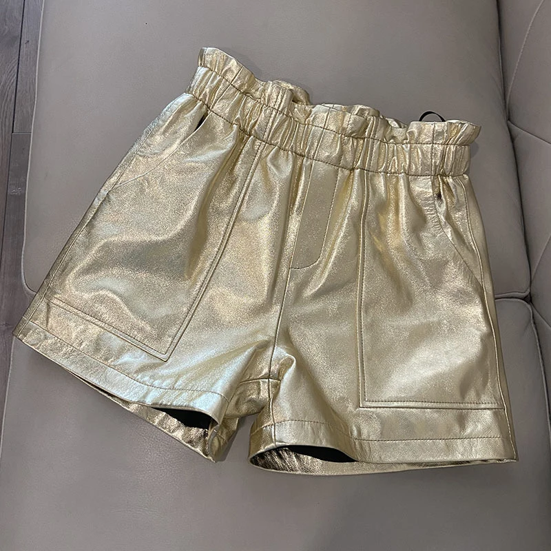 Leather Shorts Female Spring 2026 New Loose High Waist Wide Legs Slim A-Line Outer Wear Sheepskin Short Pants Customized Color
