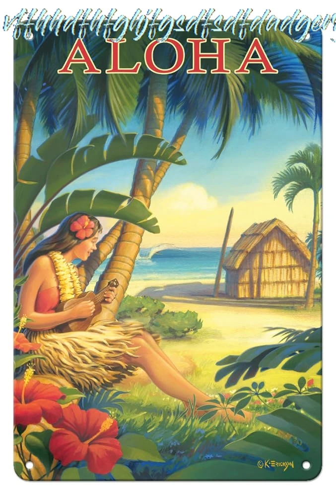 Pacifica Island Art Aloha - Hawaii - Hula Dancer with Ukulele - Vintage Hawaiian Travel Poster by Kerne Erickson - 8 x 12 i sign
