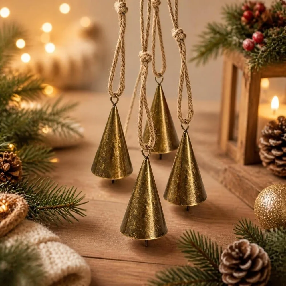 Vintage Hangable Christmas Cone Metal Bell Conical Hollow Hanging Bell Bronzed Durable Craft Bell Festival Ornament