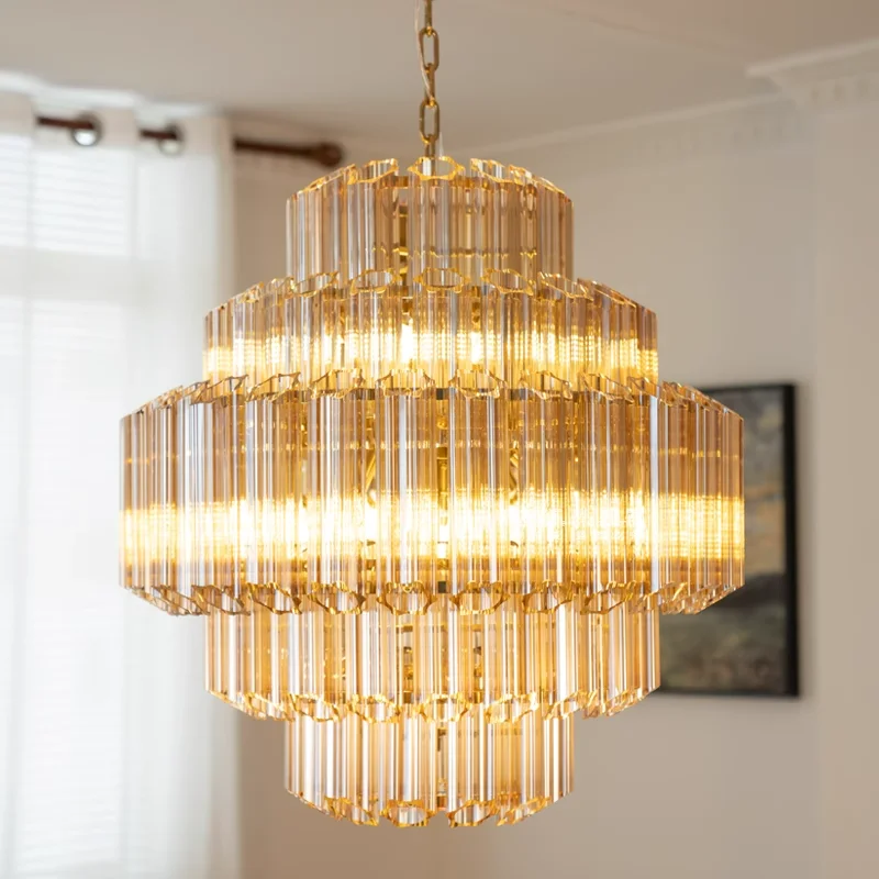 

Light luxury led round plum amber glass column chandelier, lustre living room decorative lighting ceiling light fixtures .
