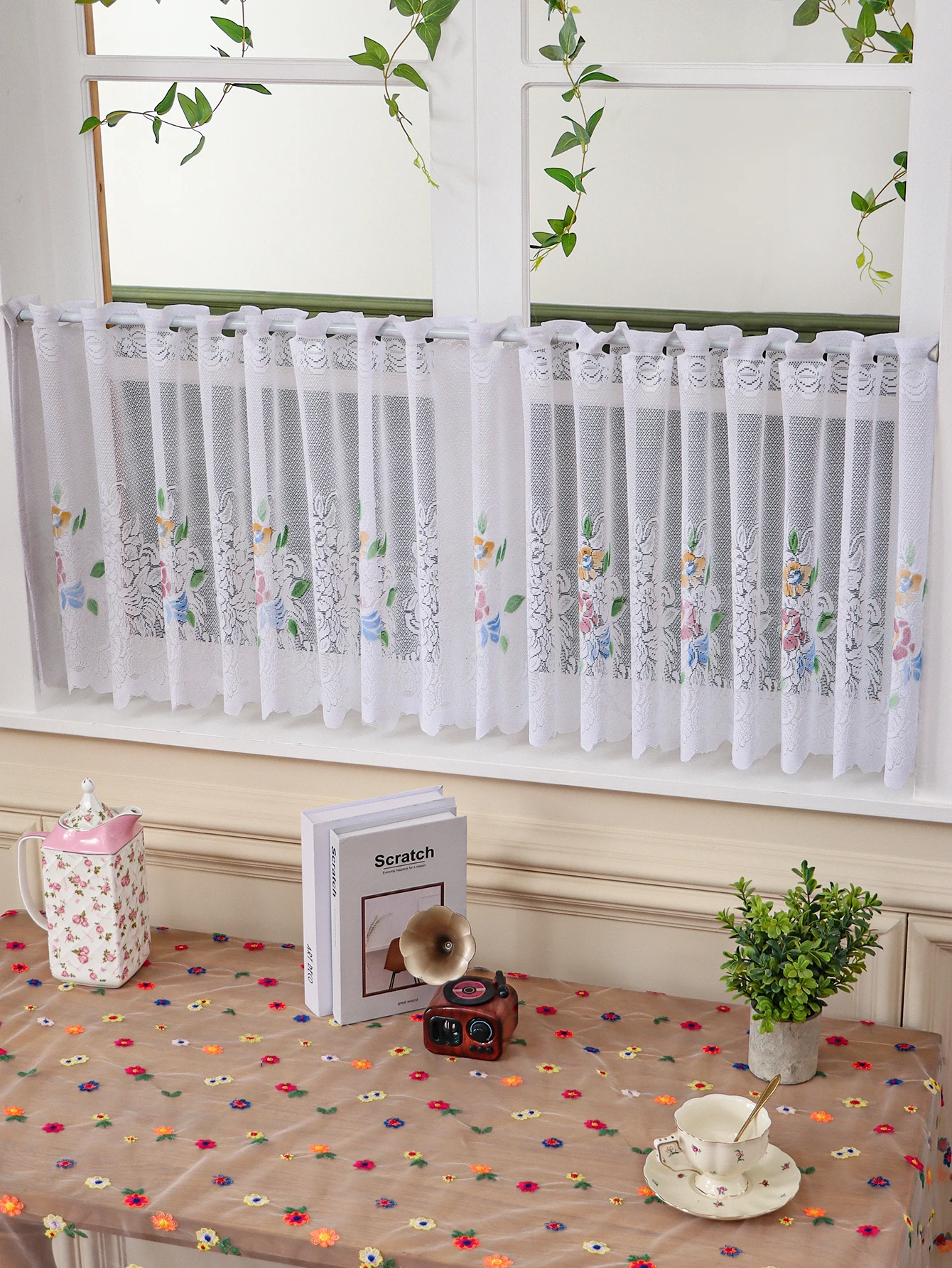 Small Wildflower Half Curtain Tulle Short Curtain Bedroom Kitchen Bedroom Window Partition Curtain Lace Hollow Out Decorative