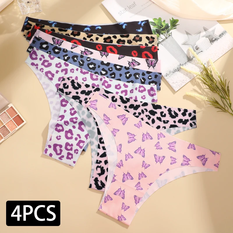 4PCS/Set Ice Silk Seamless Brazilian Panties Sexy Low Rise G-String Thongs Female Breathable Underwear Leopard Pattern Lingerie