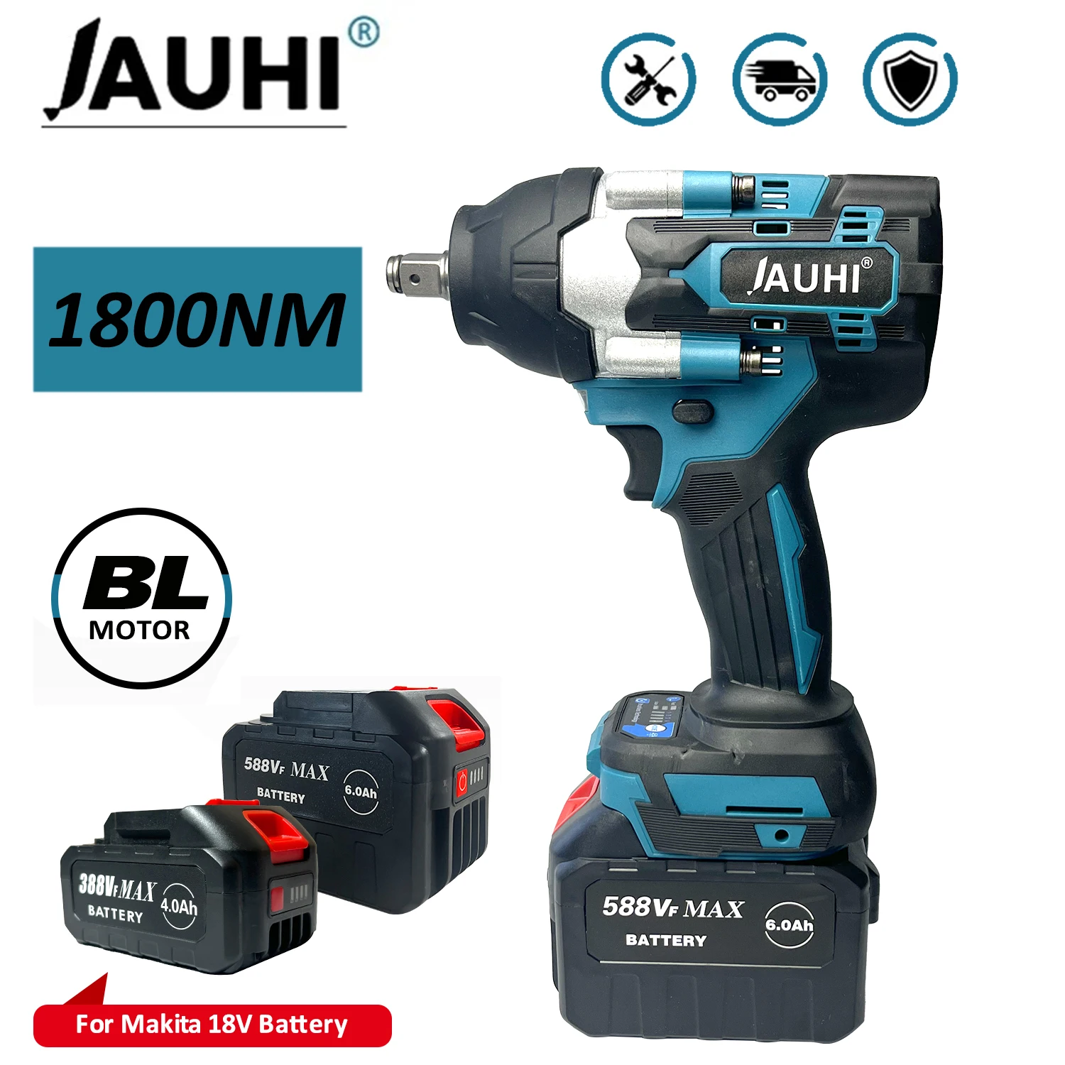 JAUHI 1800N.M Torque Brushless Electric Impact Wrench For Trucks 1/2 inch Cordless Wrench Driver Tool For Makita 18V Battery