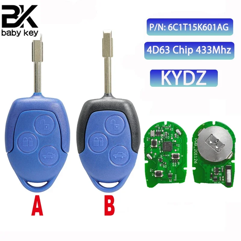 

KYDZ for Ford Transit WM VM 2006-2014 433MHz ID63 Electric Chip PN:6C1T15K601AG FO21 Blade Black/Blue Head 3 Buttons Remote Key