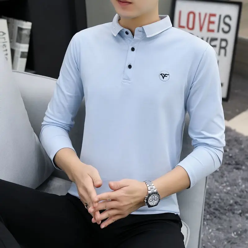 Men's Slim Fit Korean Style British Inspired Pure Cotton Long Sleeve Polo Shirt for Spring/Autumn