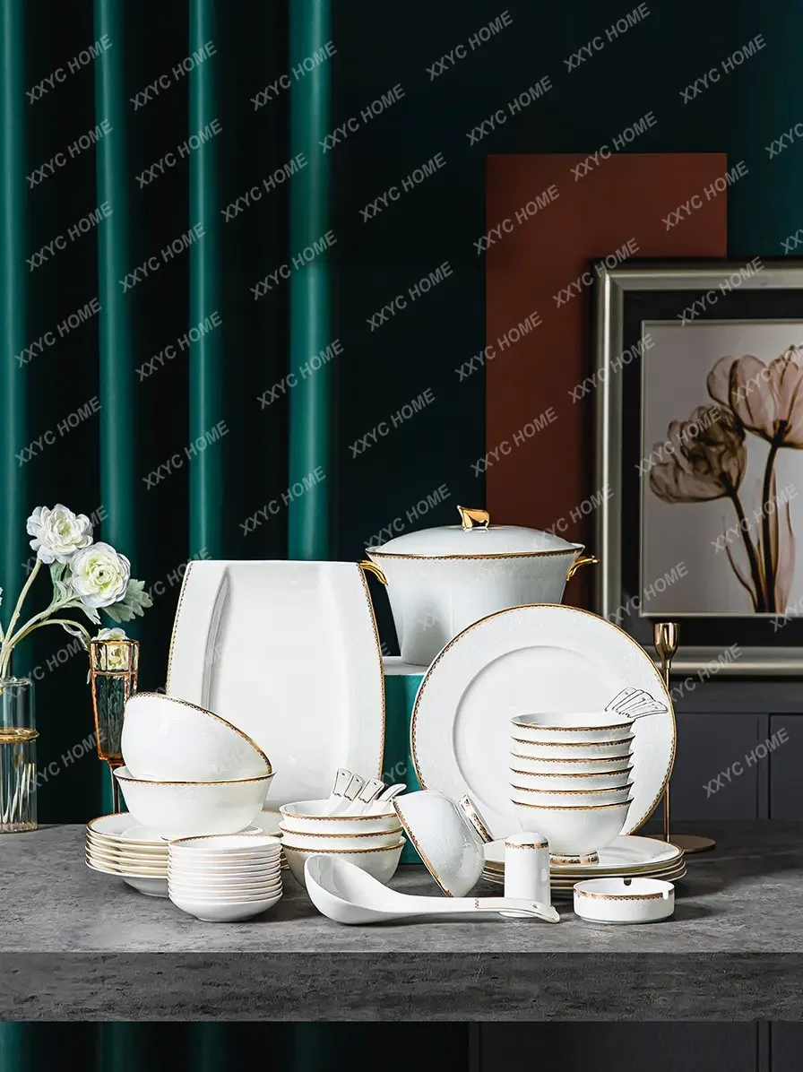 Relief Plate Bowl and Dish Set Household Light Luxury Modern Simple Bone China High-End Tableware Combination Creative