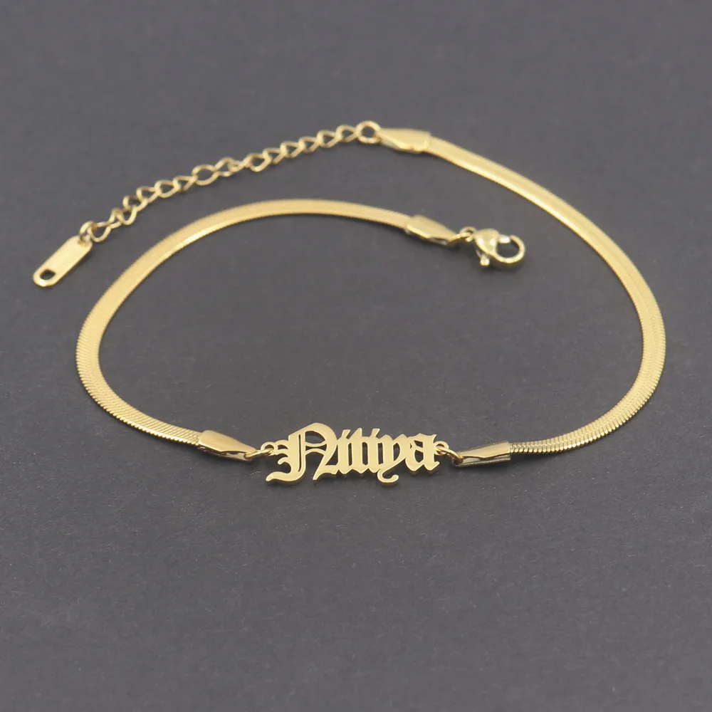 Punk Jewelry Custom Name Herringbone Anklets for Women Gift Stainless Steel Leg Bracelets Personalized Foot Link Snake Chain