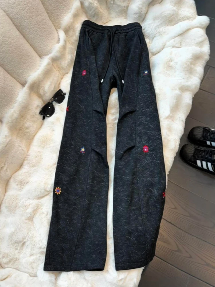

Американские мужские зимние брюки с вышивкой, на флисовой подкладке, с высокой талией, прямого кроя, повседневные спортивные, свободные, драпирующиеся, расклешенные, буткат