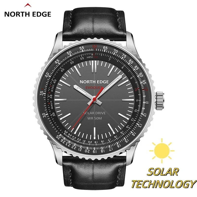NORTH EDGE EVOQUE3 ساعات محرك الطاقة الشمسية للرجال سلسلة الطيار حزام من الجلد مضيئة الفولاذ المقاوم للصدأ مقاوم للماء 50 متر Reloj Hombre #2