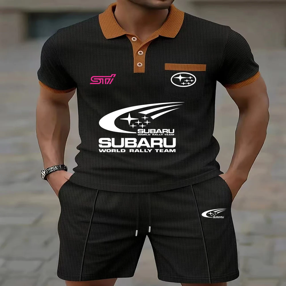Conjunto de verão SUBARU para corrida, estilo europeu e americano, masculino, com gola, camiseta de manga curta e shorts, tecido waffle respirável.