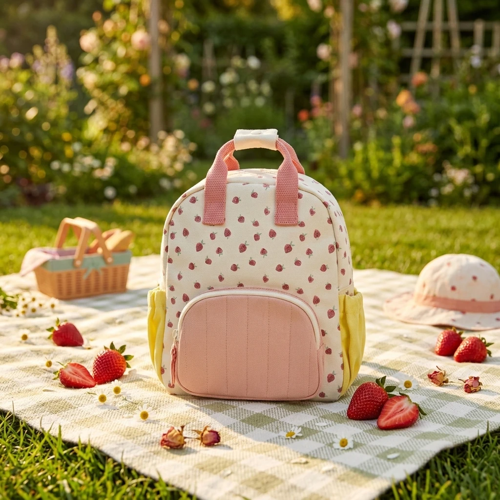 

Premium Print Cartoon Strawberry Pattern Children's Backpack Advanced Durable Canvas Material Kindergarten Toddler Kid Schoolbag