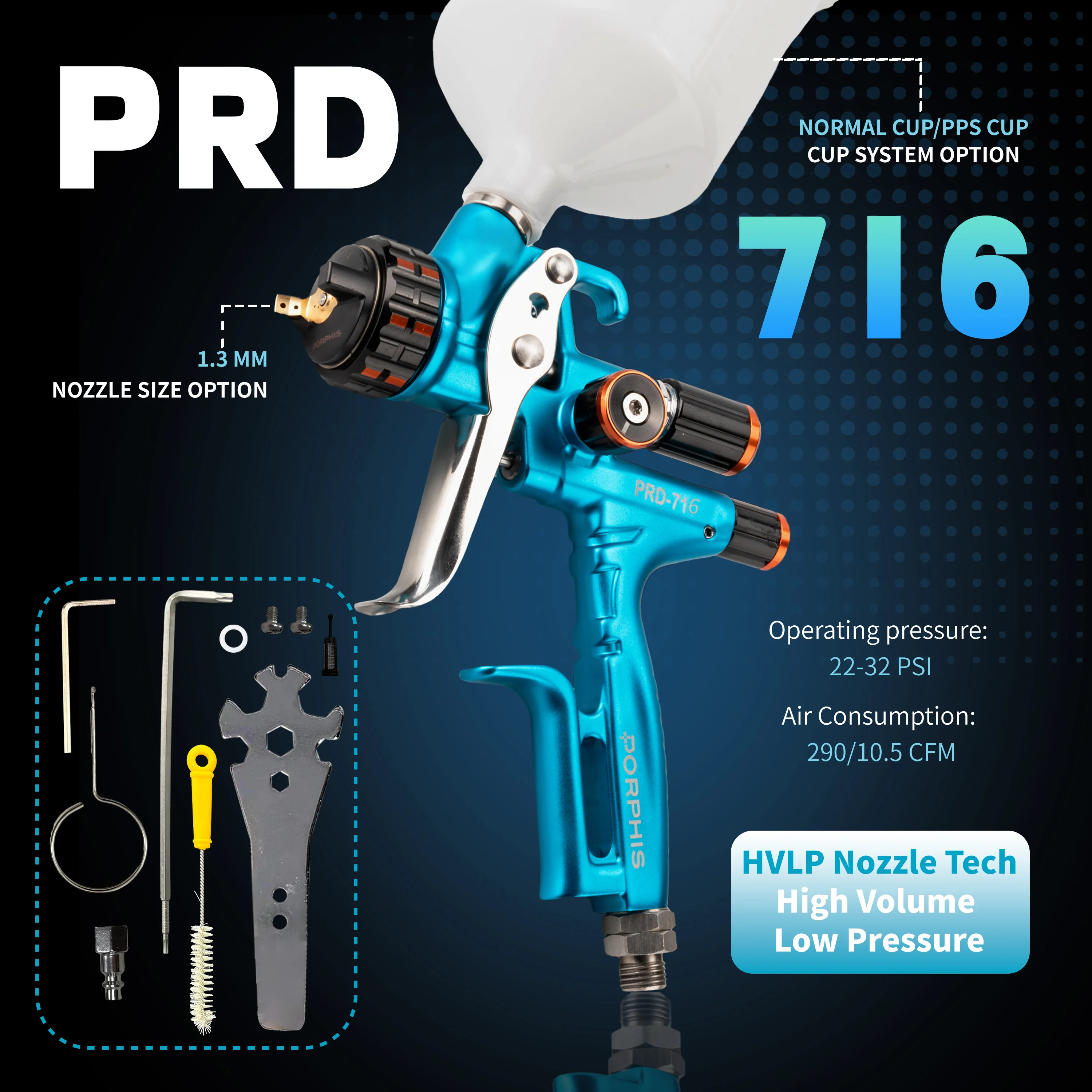 Original PORPHIS Spray Gun PRD-716 1.3mm Nozzle HVLP Auto Paint Sprayer Pro Air-Powered Tool for Vehicle Painting & Refinishing