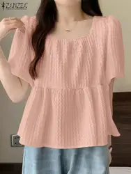 ZANZEA 2024 Women Summer Blouses Party Short Sleeve Textured Shirt Puff Sleeve Pleated Blusas Oversized Solid Tunic Streetwear