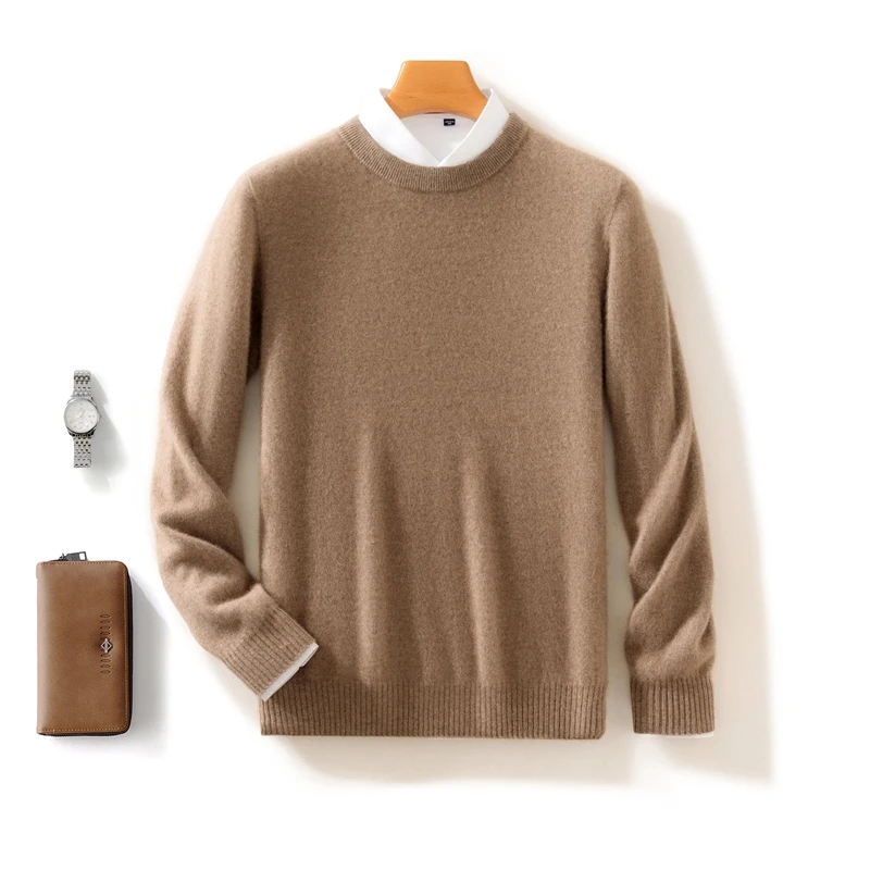 

2025 New Chic Men's Solid Color Sweater Basics Pullover Autumn Winter 100% Merino Wool Knitwear Male Clothing Top Various Colors