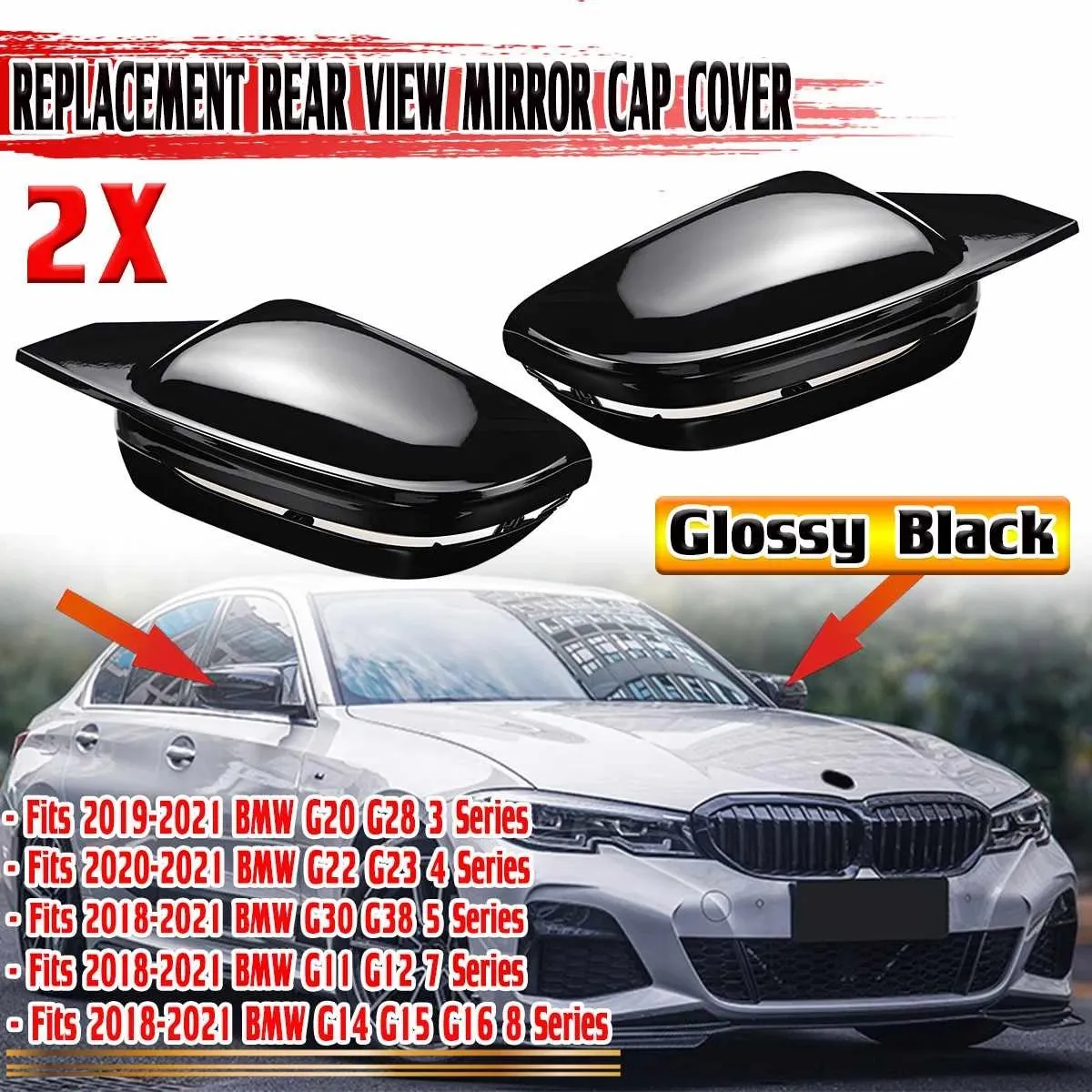 2X Side Wing Rearview Mirror Cover Caps For-BMW 3 5 7 8 Series G30 G38 G11 G12 G14 G15 G16 G20 G22 G23 G28 Glossy Black