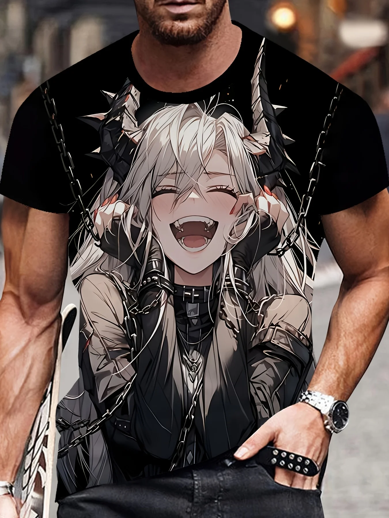 

Мужская футболка с 3D аниме-принтом, смесь полиэстера, которую можно стирать в машине, повседневная футболка с круглым вырезом и коротким рукавом для всех сезонов