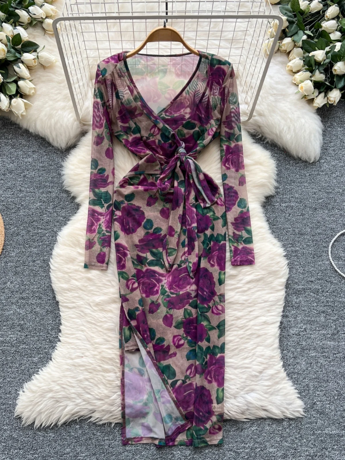 Ele Women's Crossed Belted High Waist A-Line Dr with Base Tank Top Two-Piece Set for Autumn Winter Korean Sle