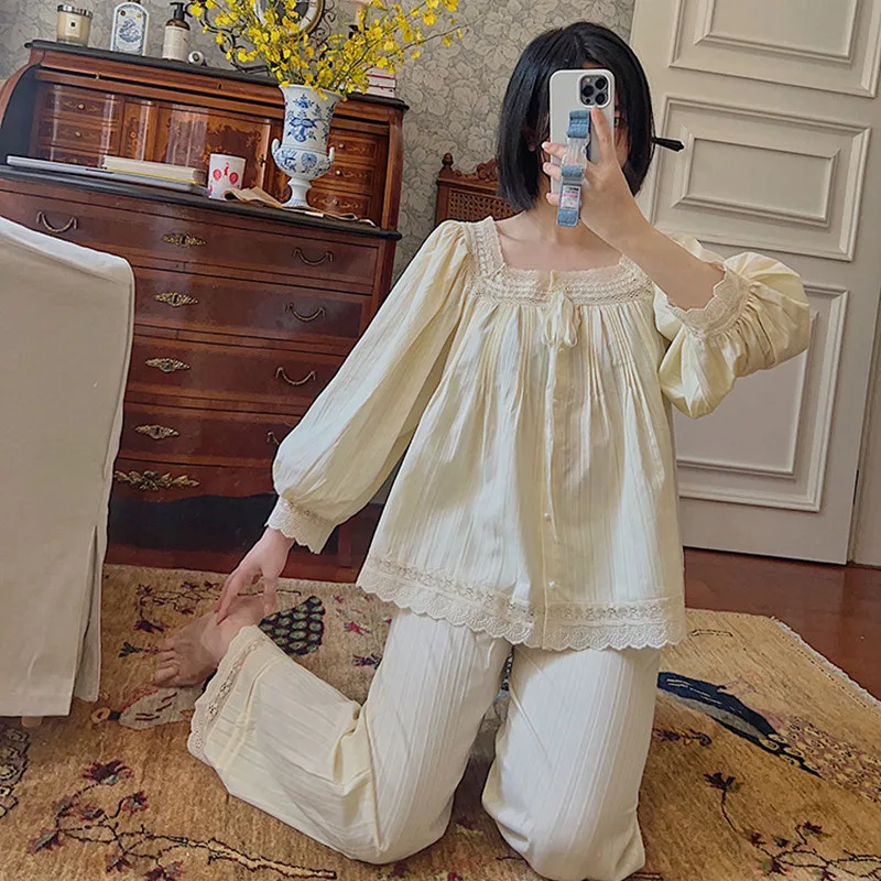 Women Spring 100% Cotton Sleepwear Sweet Lace Square Collar Full Sleeves Pajamas Loose Design Two-Pieces Pyjamas Long Pants PYJS