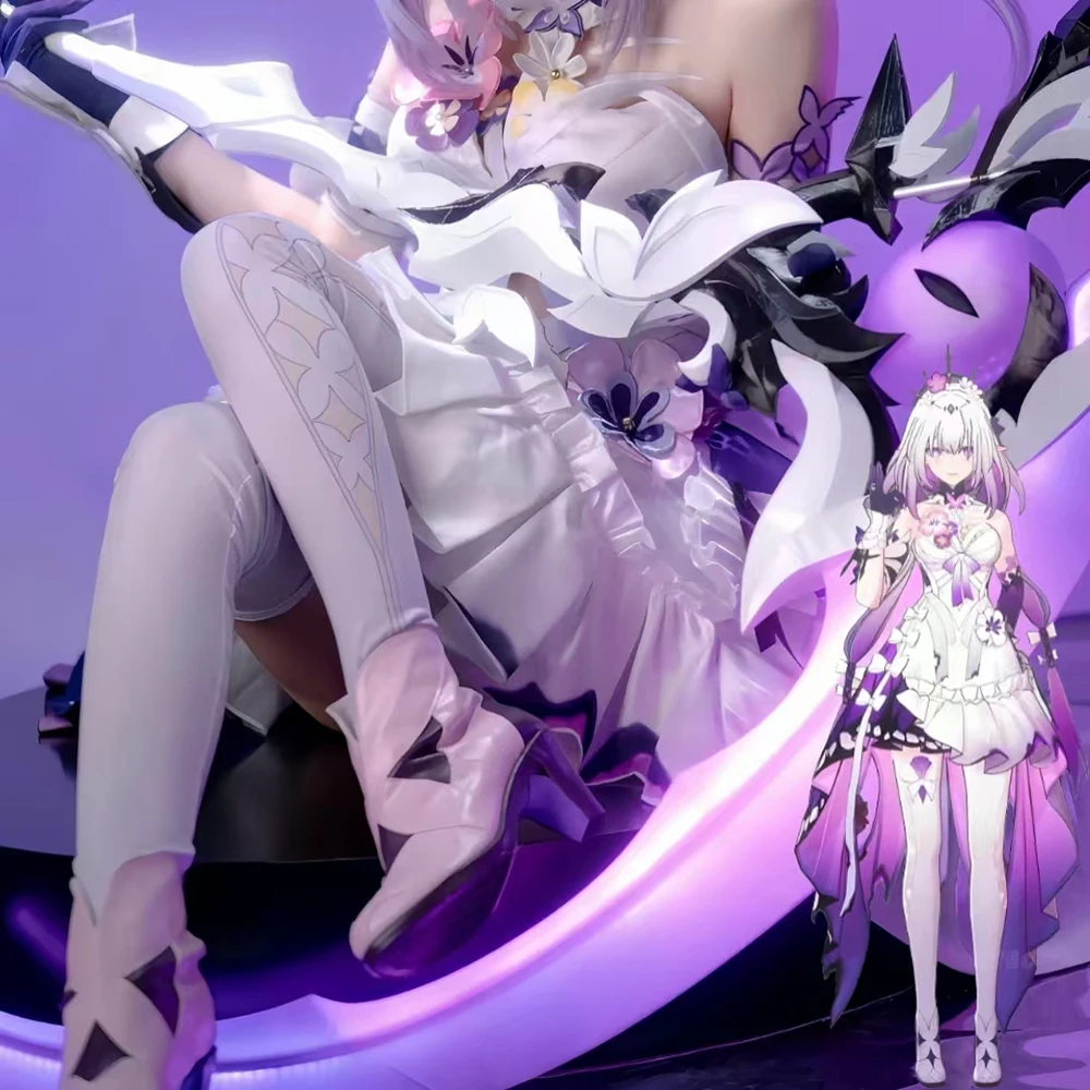 Anime Honkai: 스타 레일 Castorice 코스프레 의상 팬티 스타킹 흰색 보라색 나비 여성 JK 스타킹 소녀 유니폼 액세서리