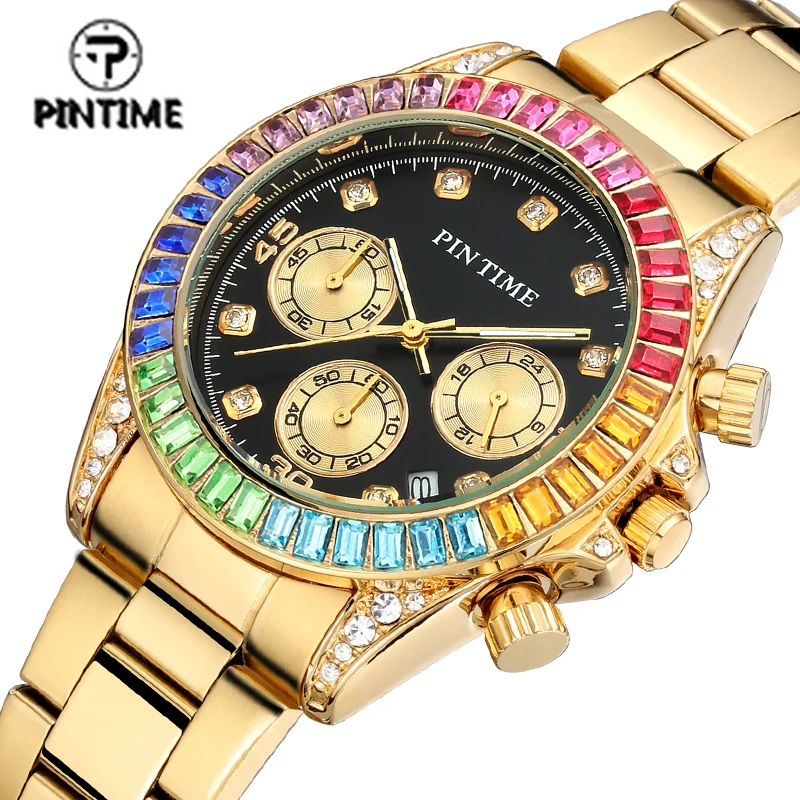 

Luxury Men Quartz Watches Stainless Steel Hip Hop Wristwatch Colored Diamonds Date Clock for Men Popular Item Three Colors