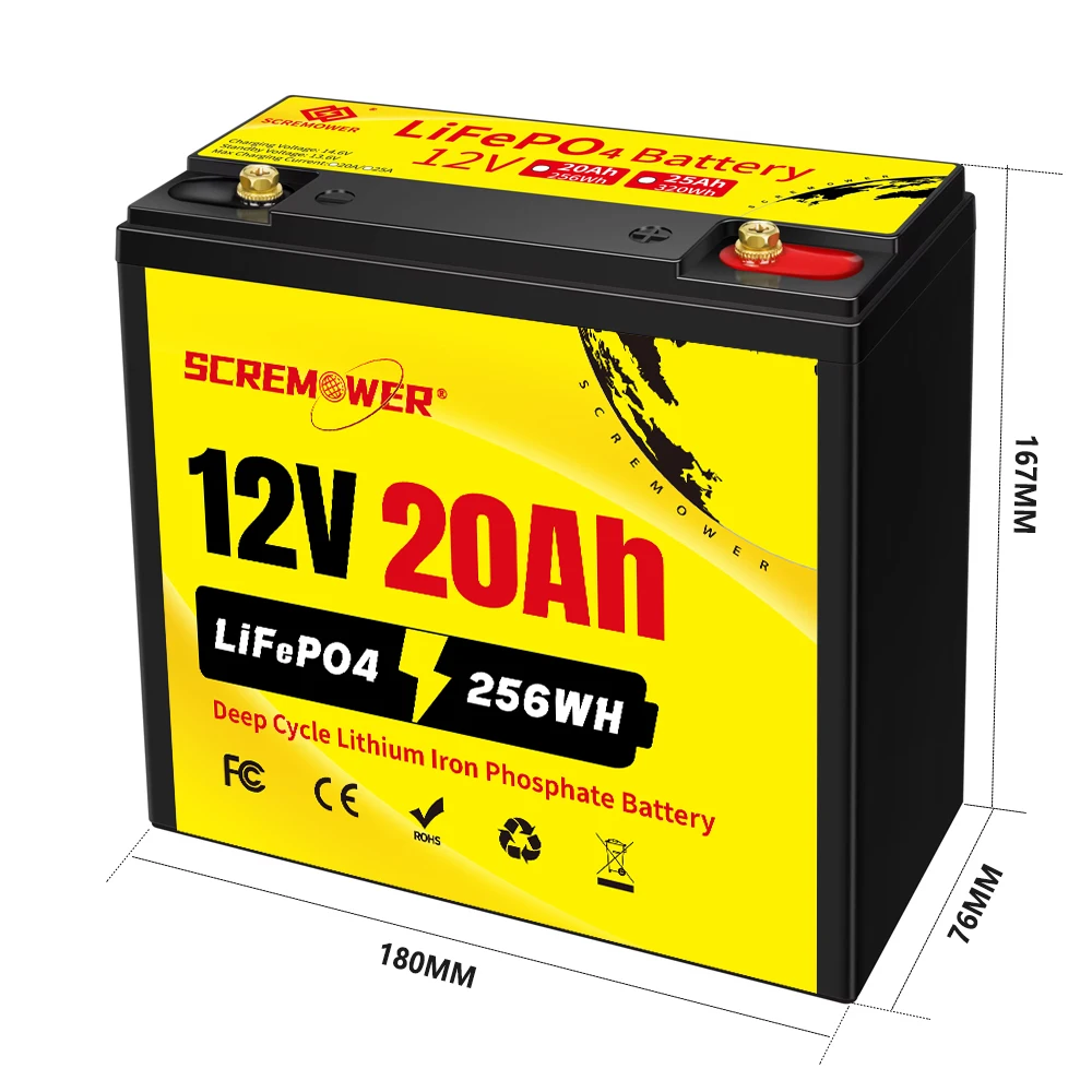 12V LiFePO4 Battery 20Ah Deep Cycle Chargeable Lithium Battery with BMS for Fish Finder, Power Wheel, Boat, Emergency Lighting