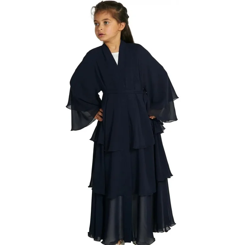 

Girls Muslim Dress Open Front Cardigan Robe Three-layered Chiffon Kaftan Islamic Abaya Kimono Dubai Maxi Dress